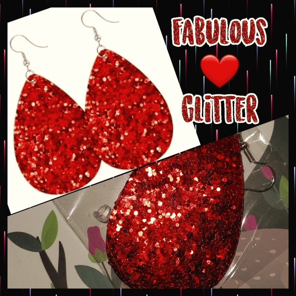 Local Boutique Jewelry - Red Glitter Tear Drop Earrings NEW